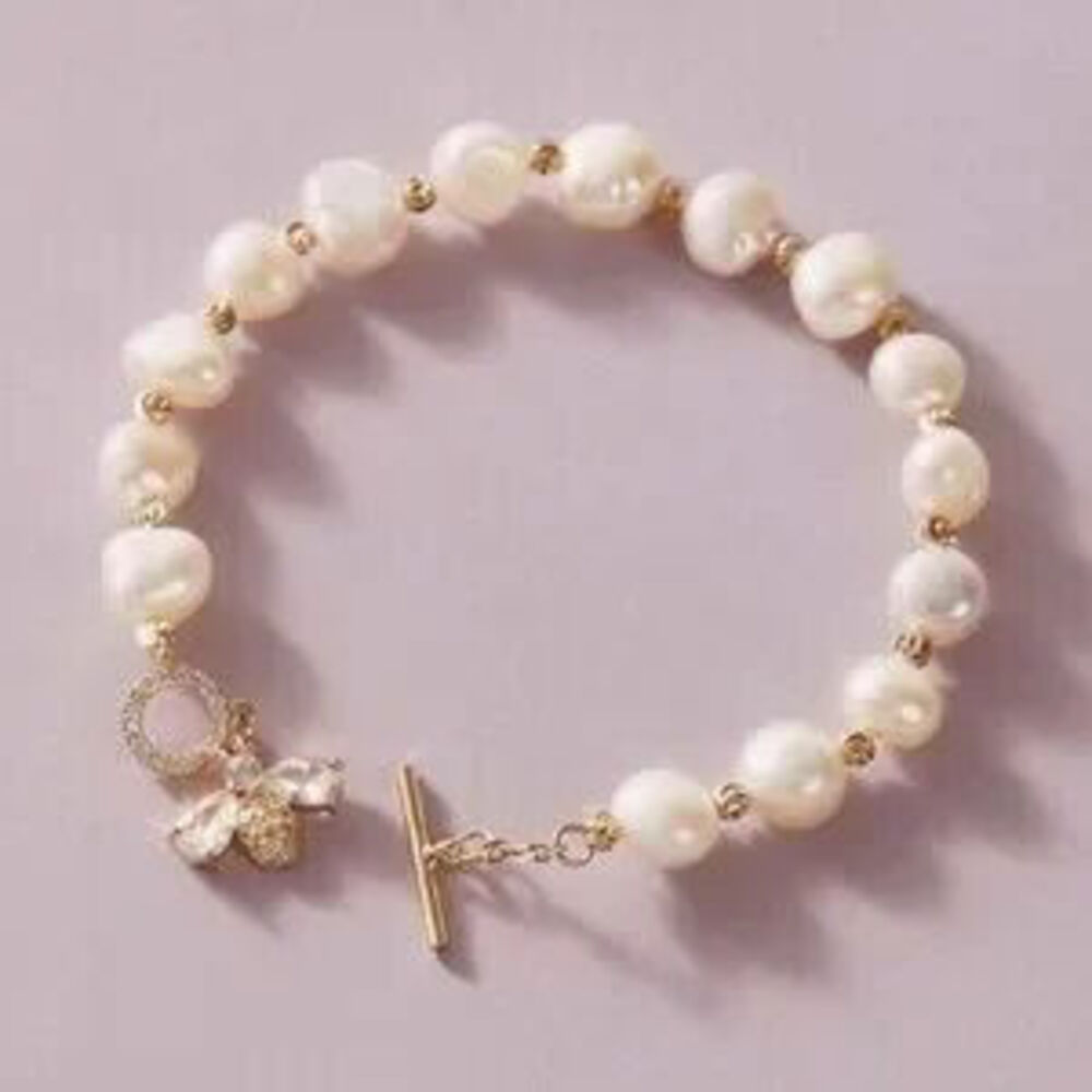 18K Gold Plated Faux Pearl Bee Rhinestone Toggle Bracelet